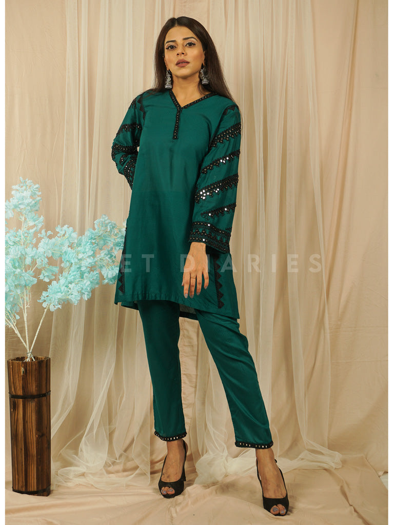 Green Jacquard Mirror Work 2 pc - 54628