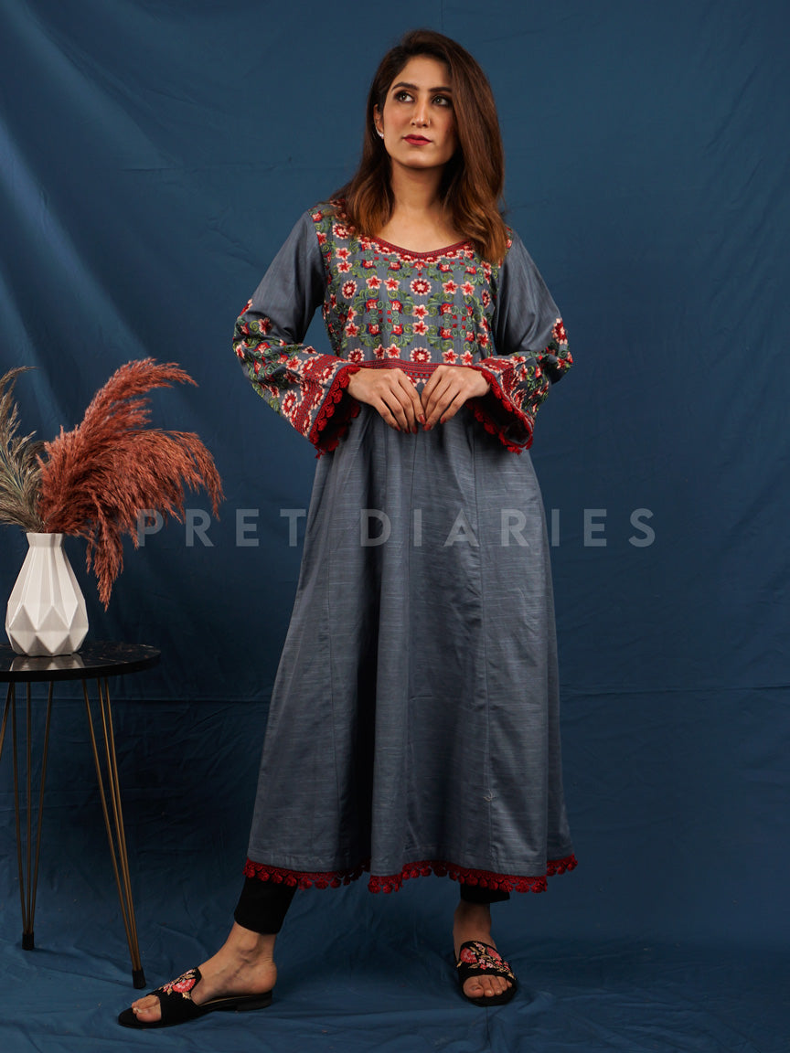 Grey Khaddar Frock - 54488