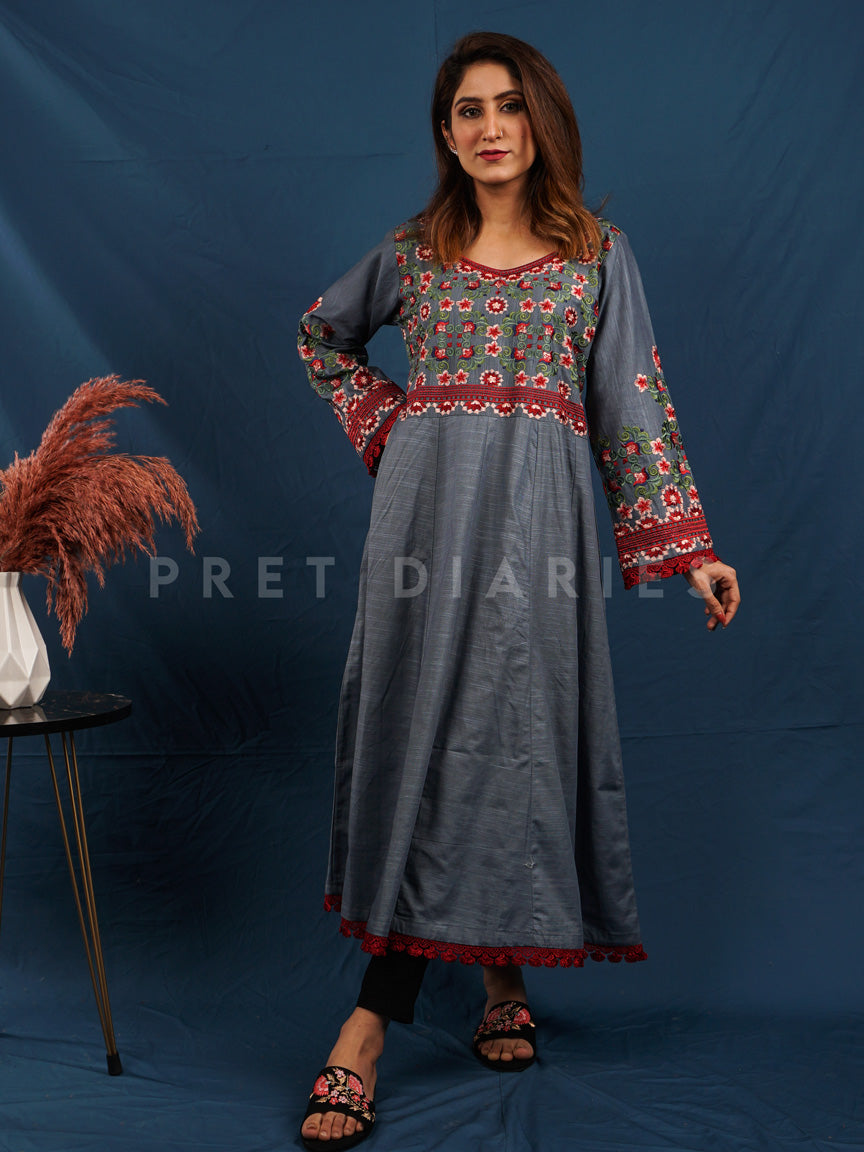 Grey Khaddar Frock - 54488