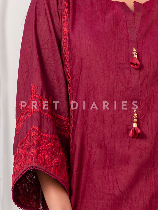 Maroon Embroidered Kurta - 52634
