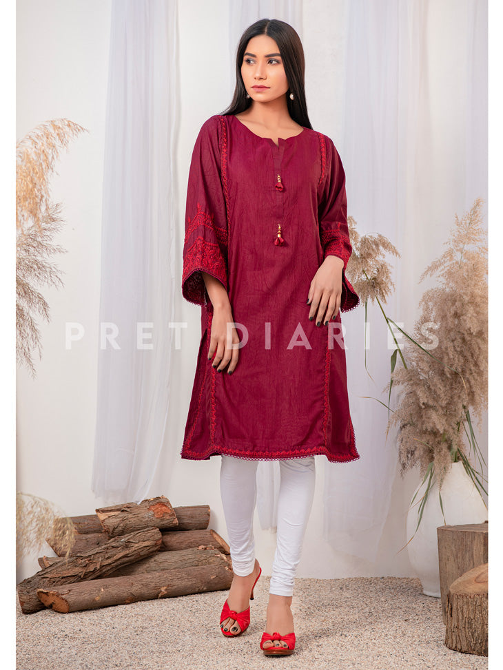 Maroon Embroidered Kurta - 52634