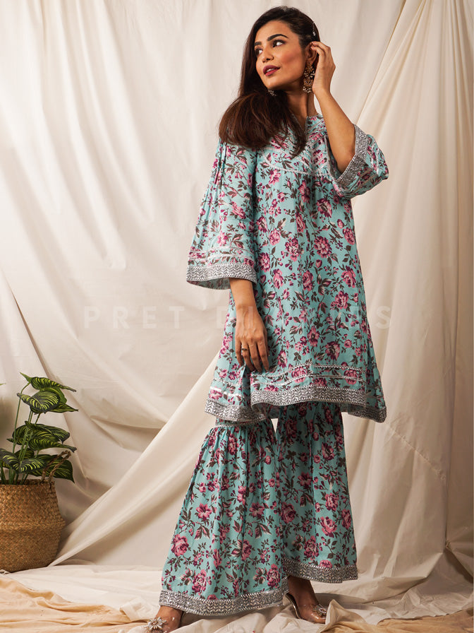 Ferozi Printed Shirt with Gharara/Trouser - 54502