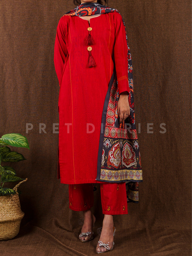 Red Khaddar 3 pc - 54812