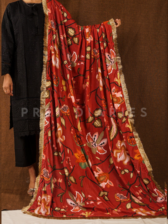 Cherry Red Velvet Printed Shawl - V3076