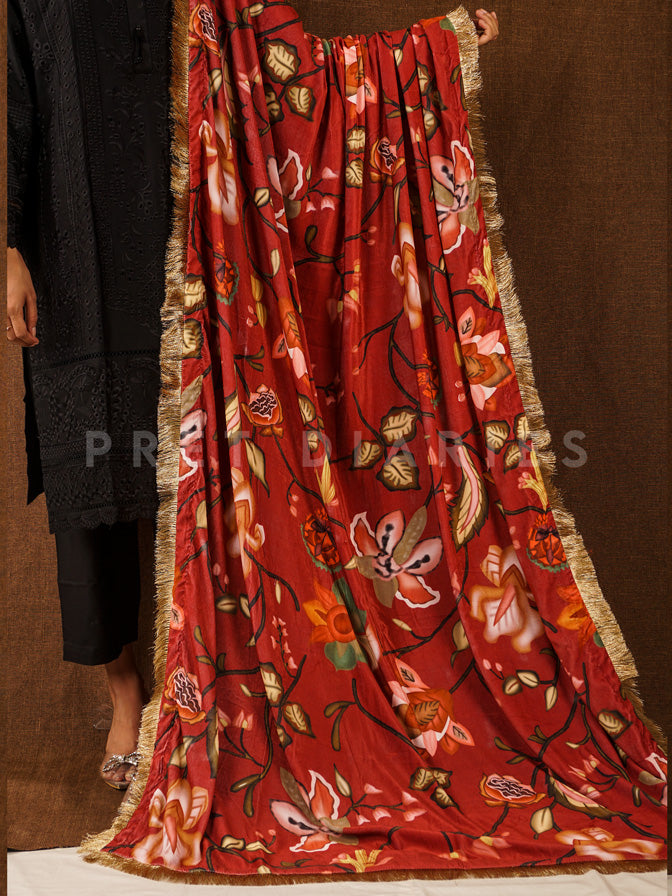 Cherry Red Velvet Printed Shawl - V3076