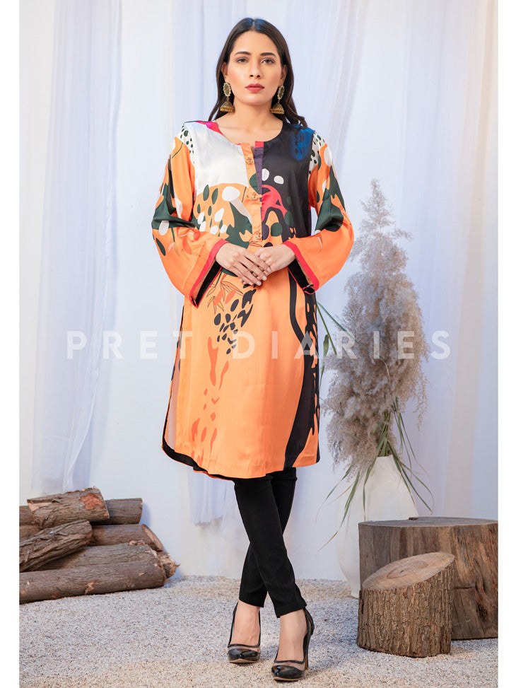 Orange Silk Printed Kurta - 52635