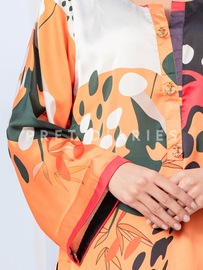 Orange Silk Printed Kurta - 52635