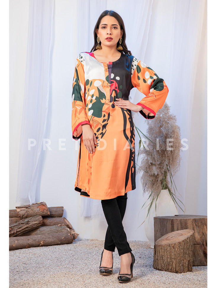 Orange Silk Printed Kurta - 52635