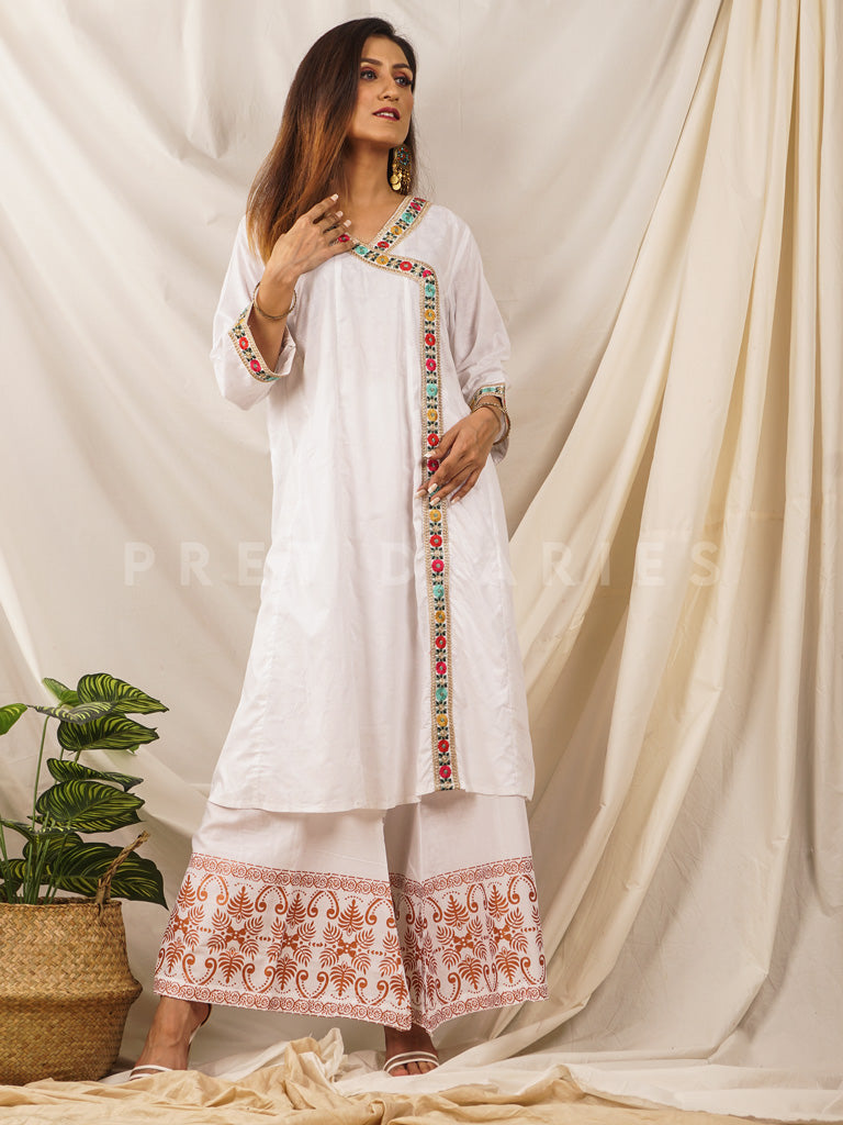 White Printed Angrakha 2 pc - 54277