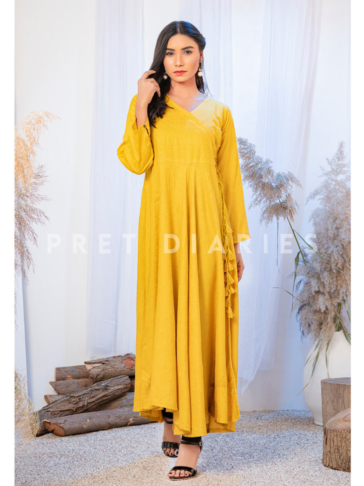 Yellow Jacquard Long Frock - 52631