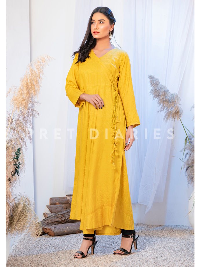 Yellow Jacquard Long Frock - 52631
