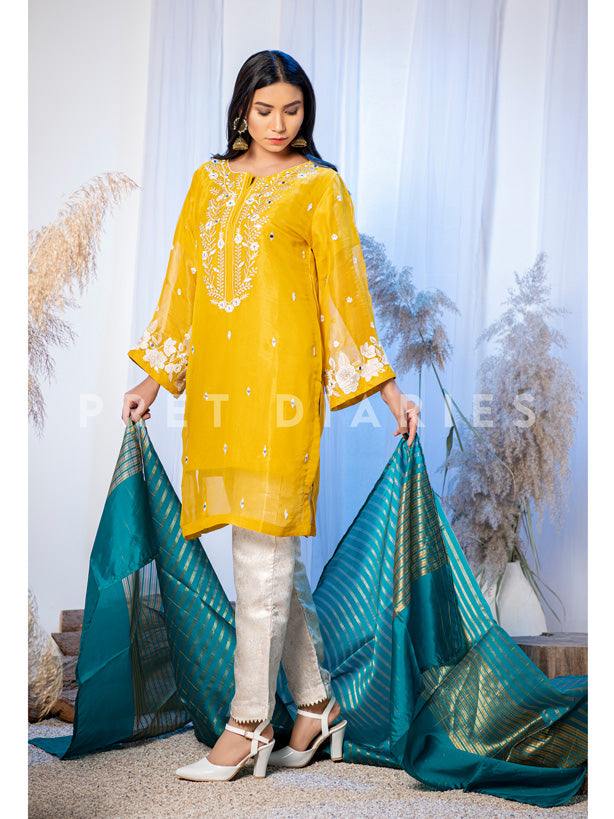 Yellow Masuri Mirror Work Shirt and Dupatta- 52645