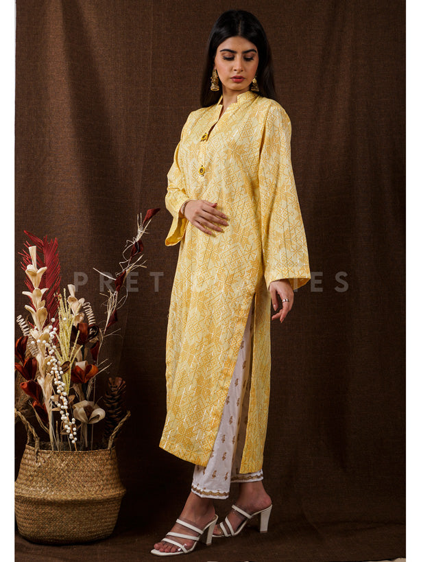 Yellow Handwoven Long Kurta - 54667